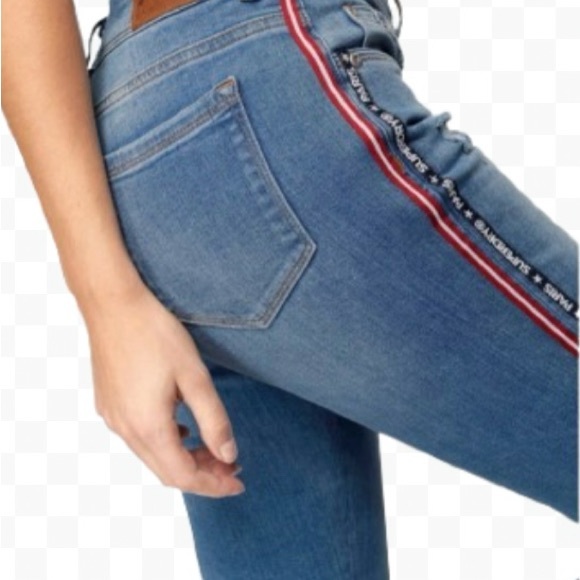 Superdry Vintage Blue Jeans & Red Logo Stripe Studs Blue Stripe Size W27 L30 EUC - Picture 1 of 12